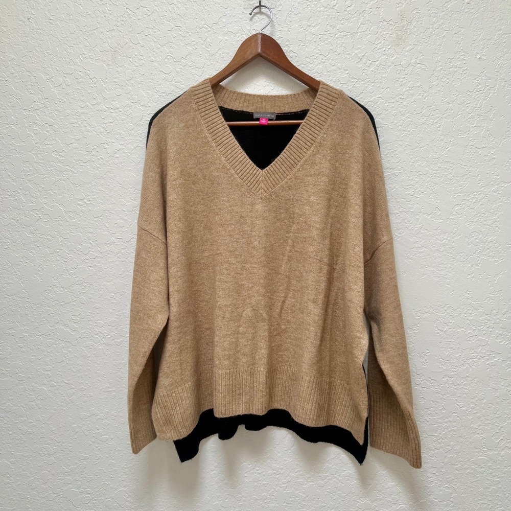 Vince Camuto Womens XL V-Neck Colorblock Oversized Sweater Camel Tan Black Knit